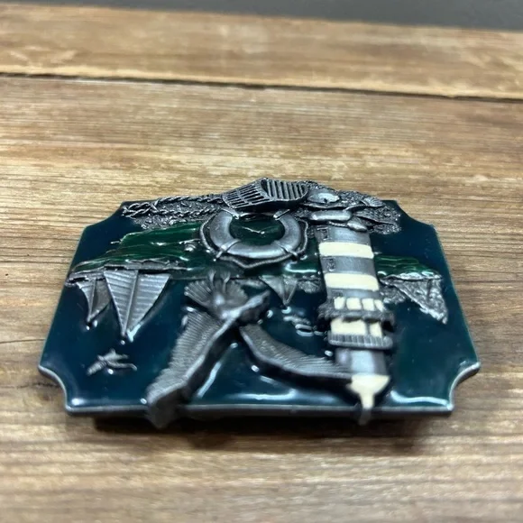 Vintage 1989 Siskiyou Buckle Co Inc Green Enamel and Pewter Nautical Belt Buckle - Picture 8 of 9